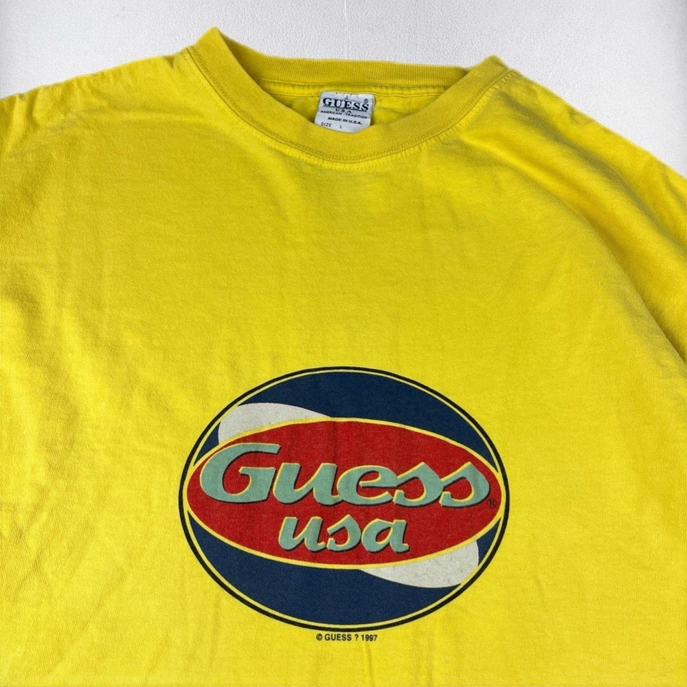 Vintage Guess T Shirt Mens Large Yellow 1997 USA Logo Graphic Tee Streetwear